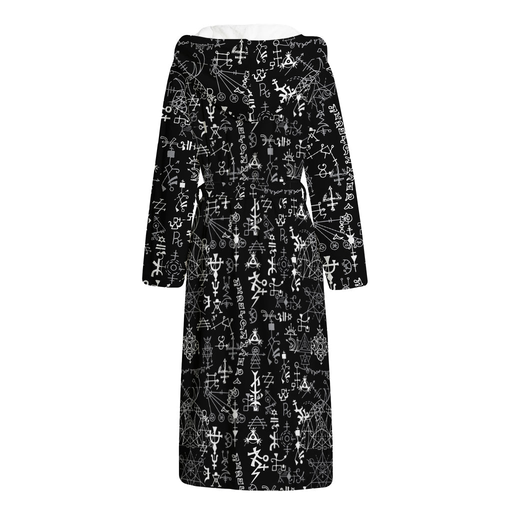 Black And White Mystic Wicca Print Hooded Bathrobe
