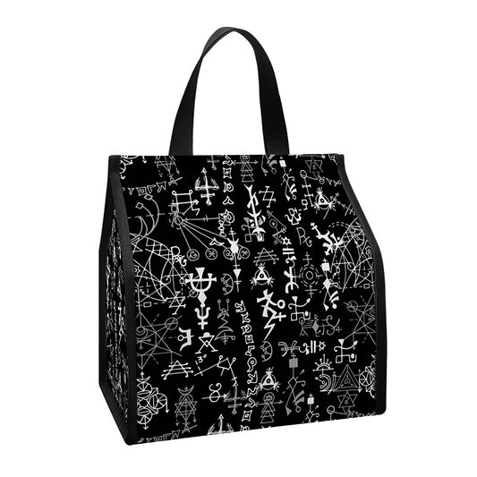 Black And White Mystic Wicca Print Insulated Lunch Tote