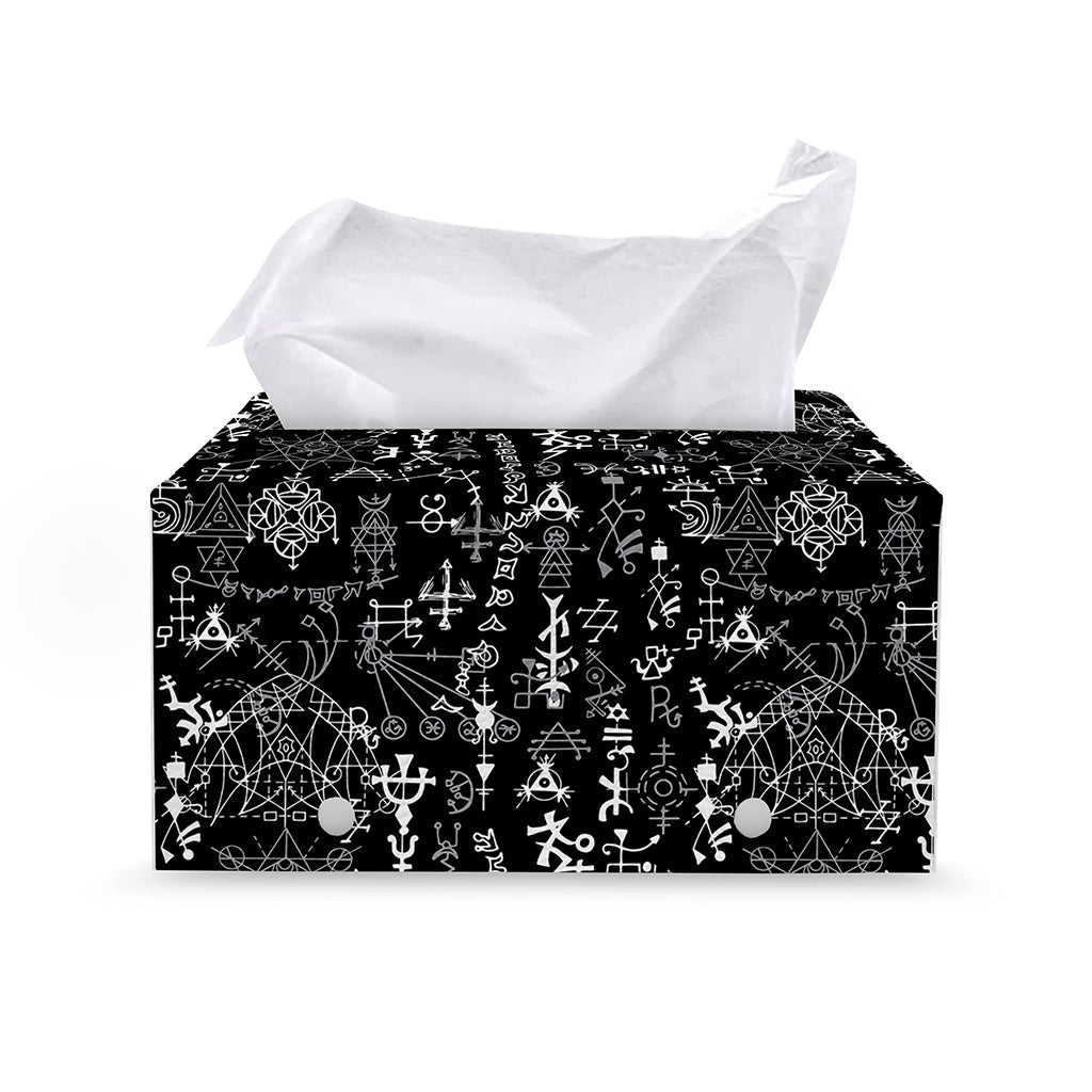 Black And White Mystic Wicca Print Leather Tissue Box Cover
