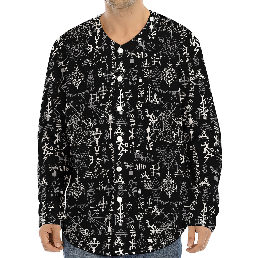 Black And White Mystic Wicca Print Long Sleeve Baseball Jersey