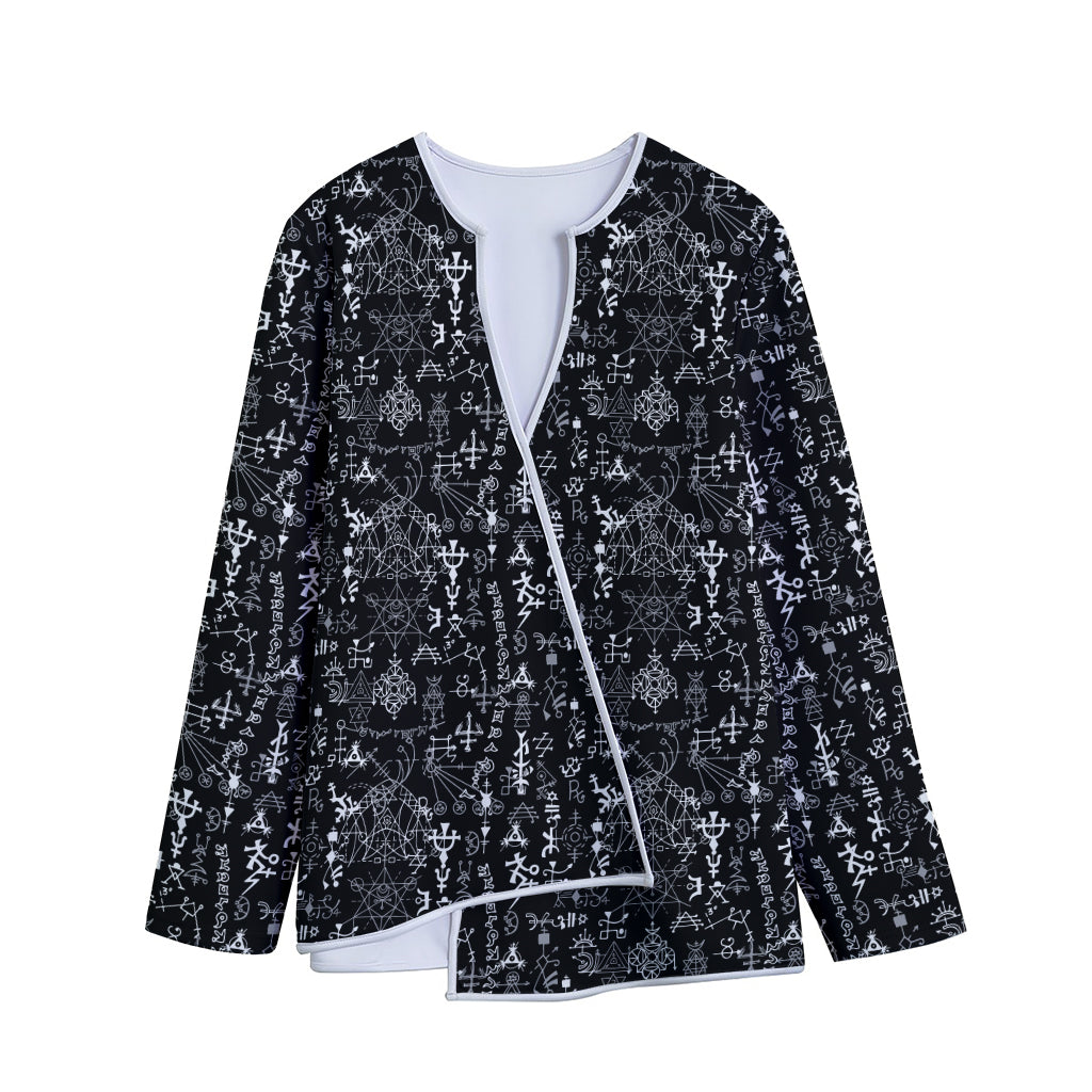 Black And White Mystic Wicca Print Long Sleeve Short Coat