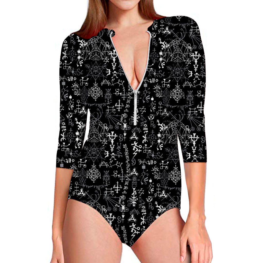 Black And White Mystic Wicca Print Long Sleeve Swimsuit