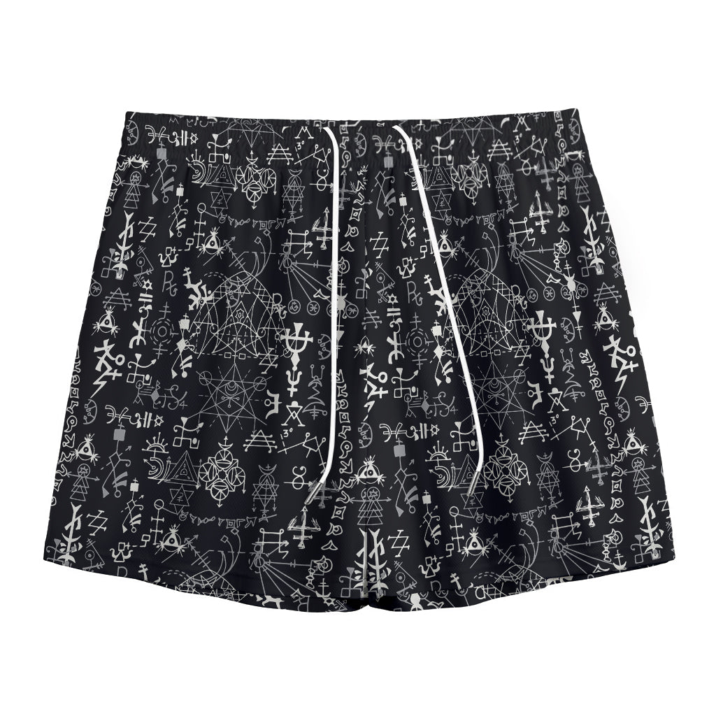 Black And White Mystic Wicca Print Mesh Shorts