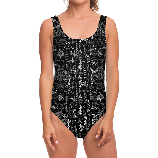 Black And White Mystic Wicca Print One Piece Swimsuit