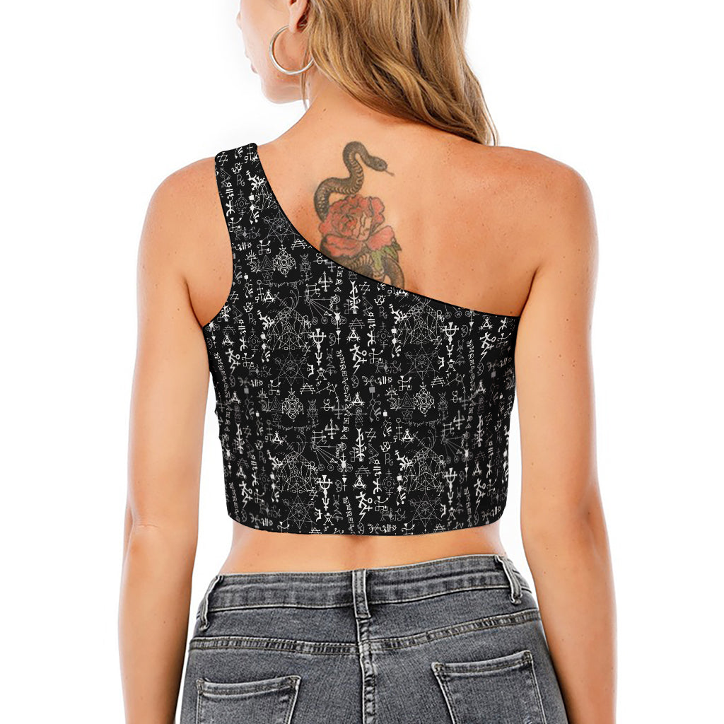 Black And White Mystic Wicca Print One Shoulder Crop Top