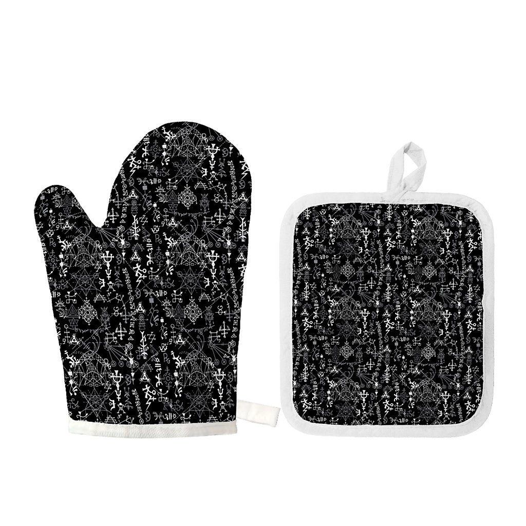 Black And White Mystic Wicca Print Oven Mitt And Pot Holder Set