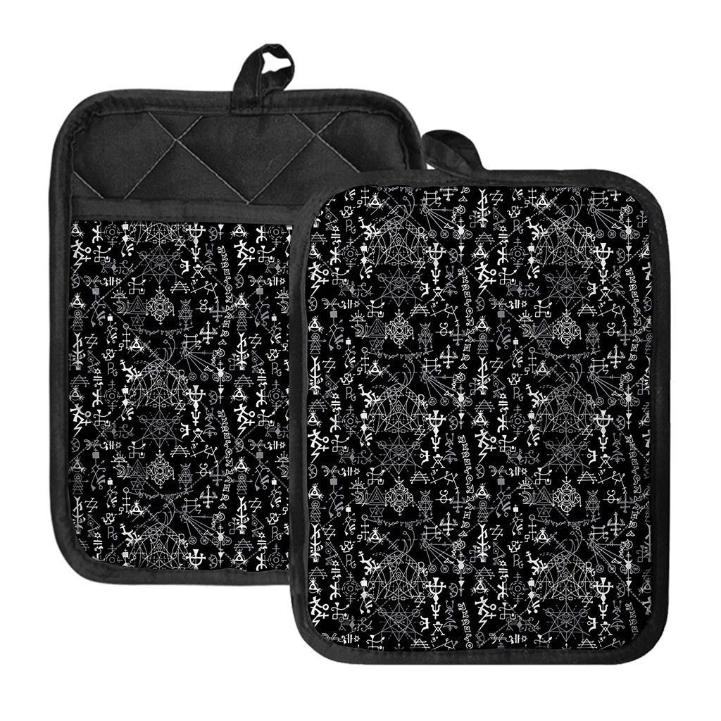 Black And White Mystic Wicca Print Pot Holders With Pocket