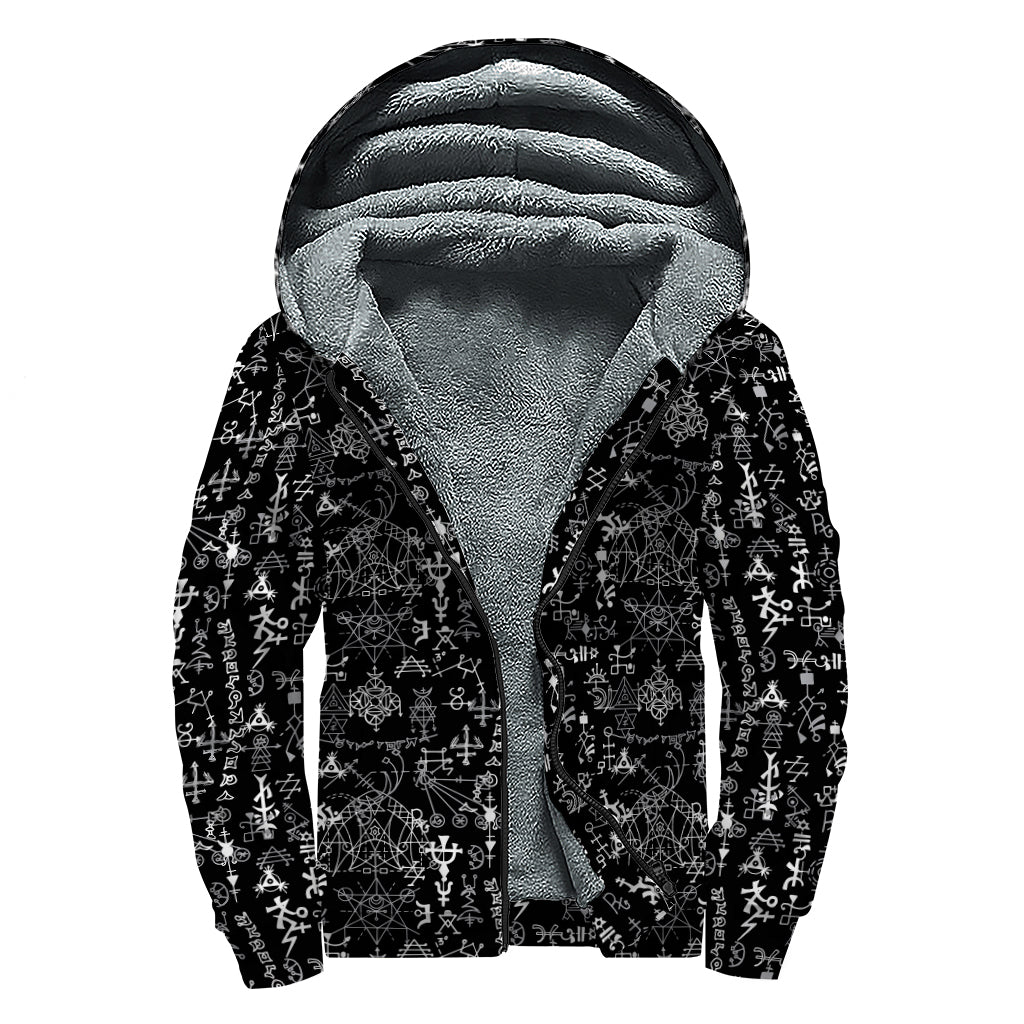 Black And White Mystic Wicca Print Sherpa Lined Zip Up Hoodie