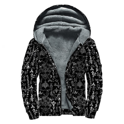 Black And White Mystic Wicca Print Sherpa Lined Zip Up Hoodie