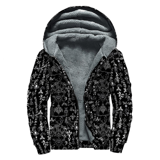 Black And White Mystic Wicca Print Sherpa Lined Zip Up Hoodie