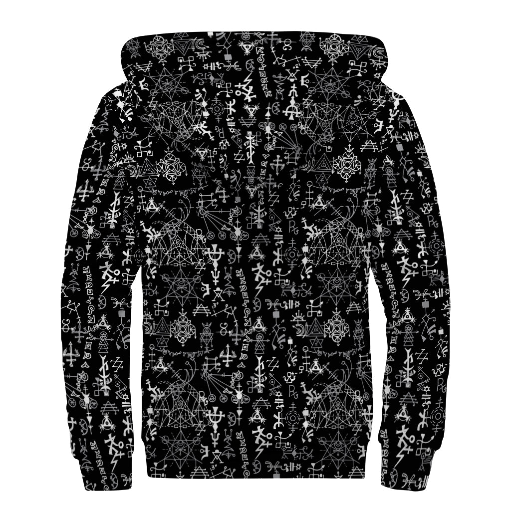 Black And White Mystic Wicca Print Sherpa Lined Zip Up Hoodie