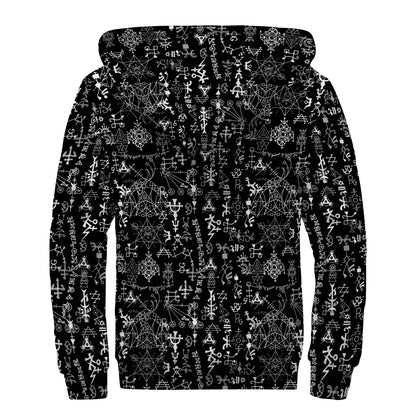 Black And White Mystic Wicca Print Sherpa Lined Zip Up Hoodie
