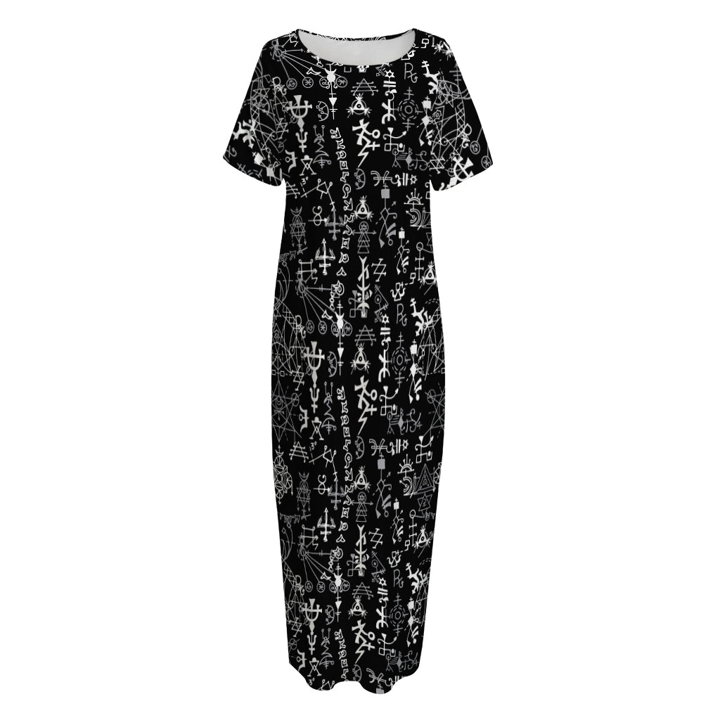 Black And White Mystic Wicca Print Short Sleeve Long Nightdress