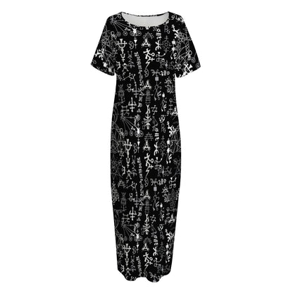 Black And White Mystic Wicca Print Short Sleeve Long Nightdress