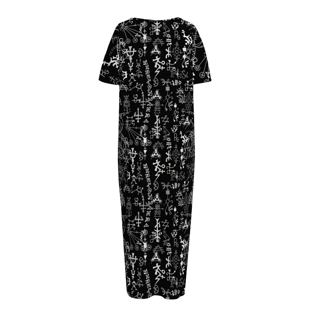 Black And White Mystic Wicca Print Short Sleeve Long Nightdress