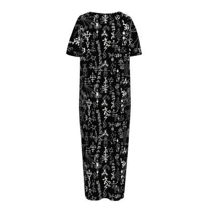 Black And White Mystic Wicca Print Short Sleeve Long Nightdress