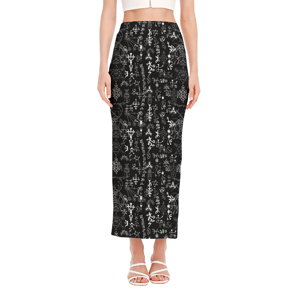 Black And White Mystic Wicca Print Side Slit Maxi Skirt