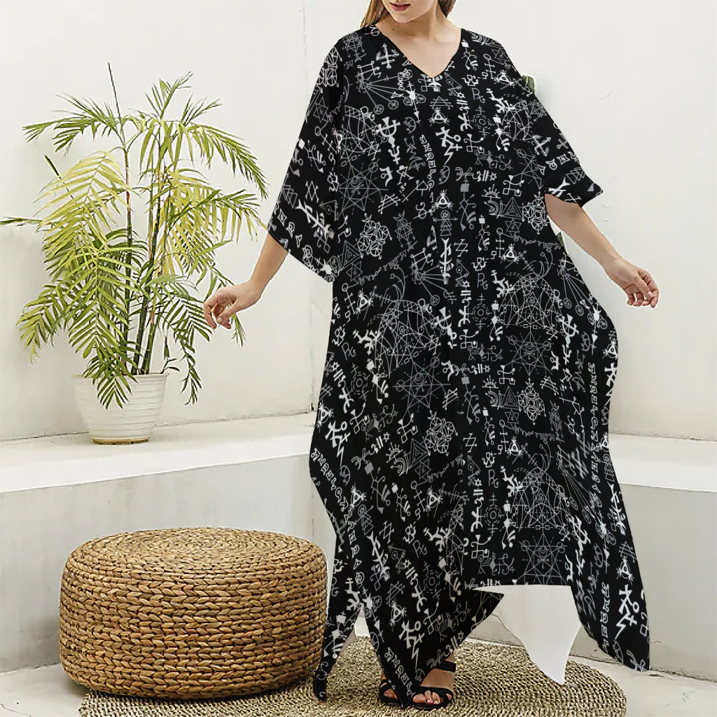 Black And White Mystic Wicca Print Silk V-Neck Kaftan Dress
