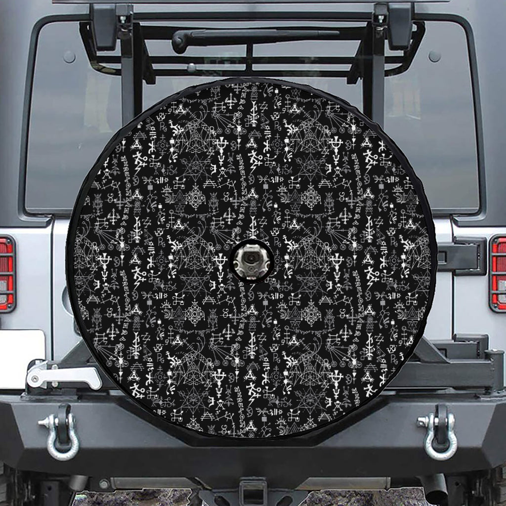 Black And White Mystic Wicca Print Tire Cover With Camera Hole