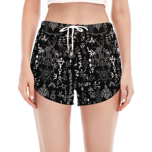 Black And White Mystic Wicca Print Women's Split Running Shorts
