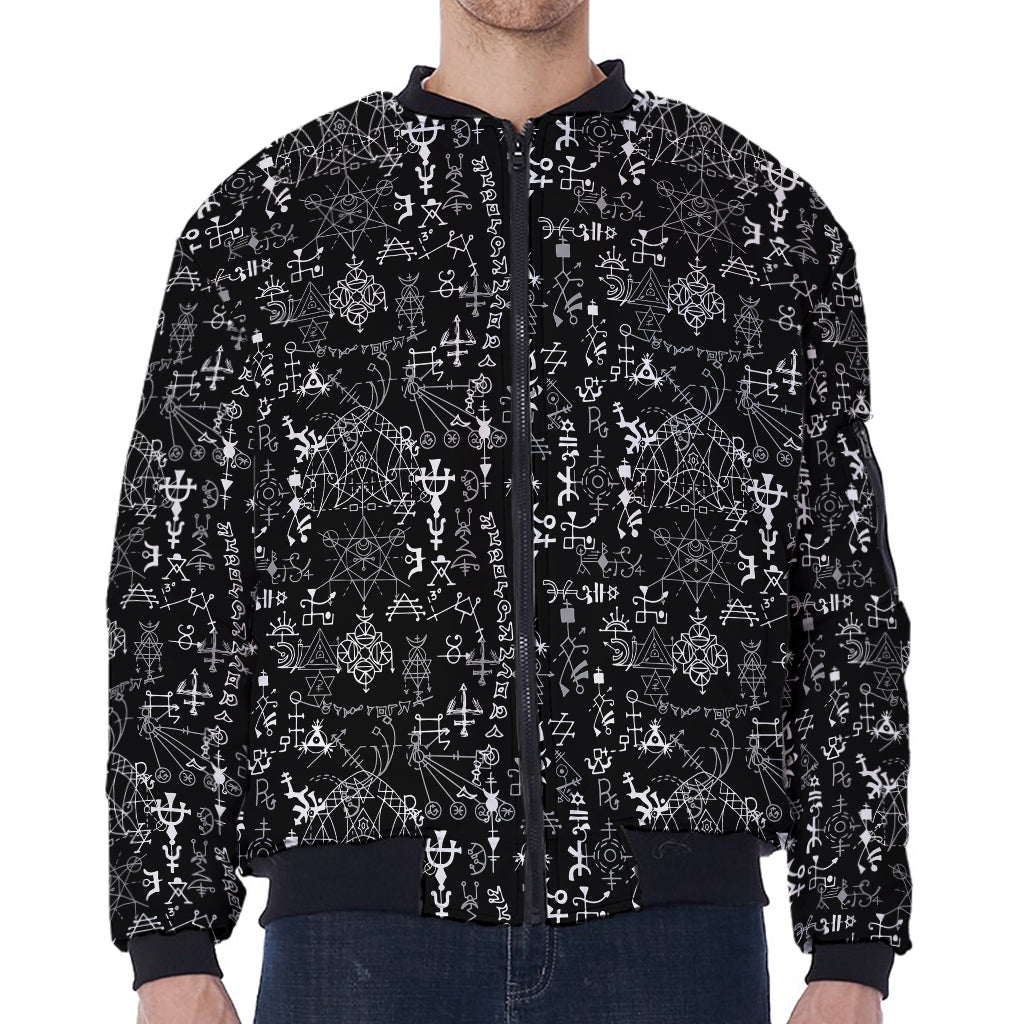 Black And White Mystic Wicca Print Zip Sleeve Bomber Jacket