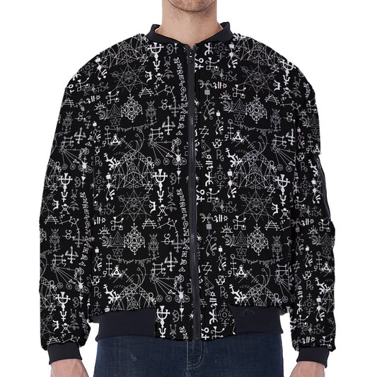 Black And White Mystic Wicca Print Zip Sleeve Bomber Jacket