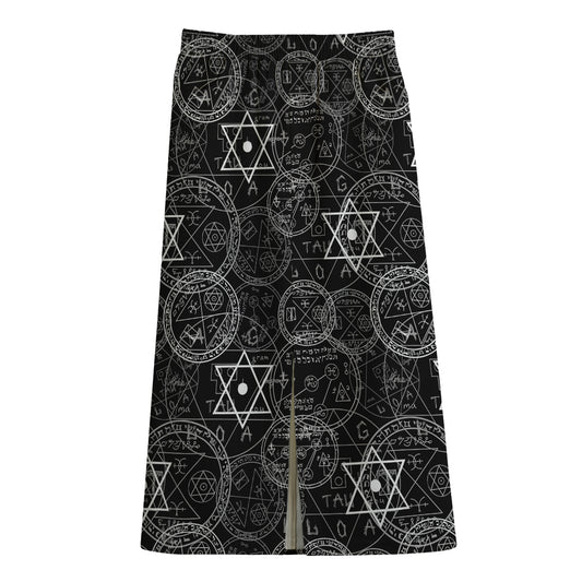 Black And White Mystic Witch Print Cotton Front Slit Maxi Skirt