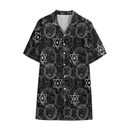 Black And White Mystic Witch Print Cotton Hawaiian Shirt