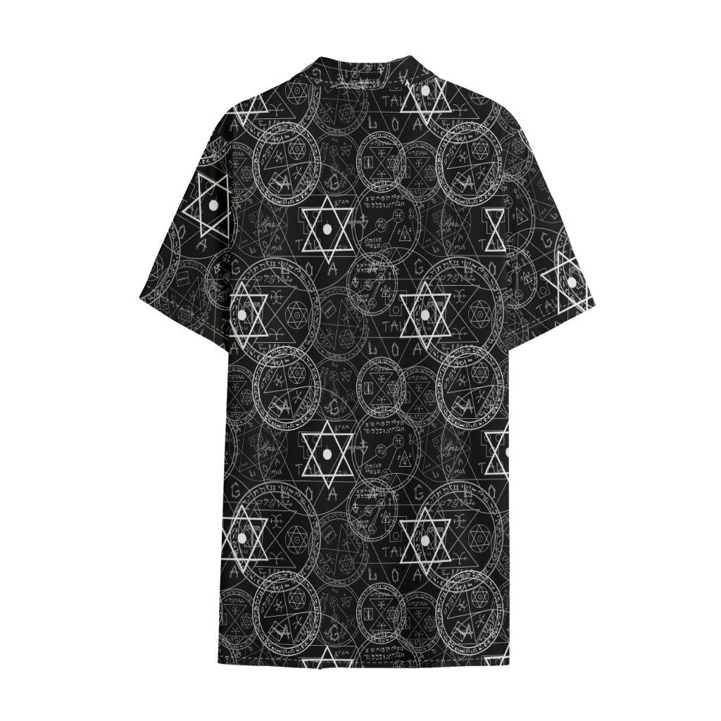 Black And White Mystic Witch Print Cotton Hawaiian Shirt