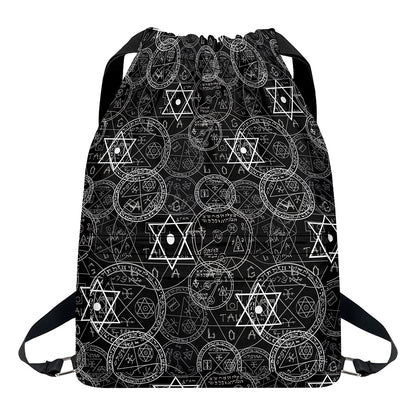 Black And White Mystic Witch Print Drawstring Backpack