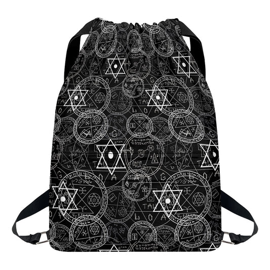 Black And White Mystic Witch Print Drawstring Backpack