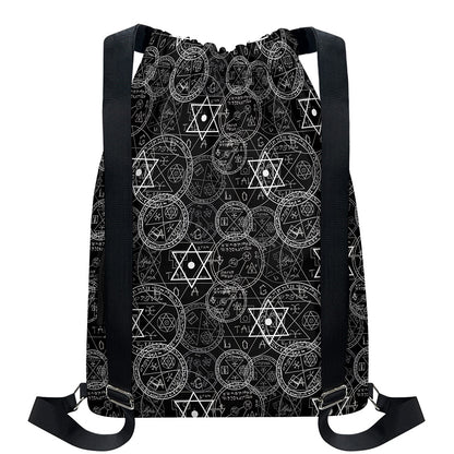 Black And White Mystic Witch Print Drawstring Backpack