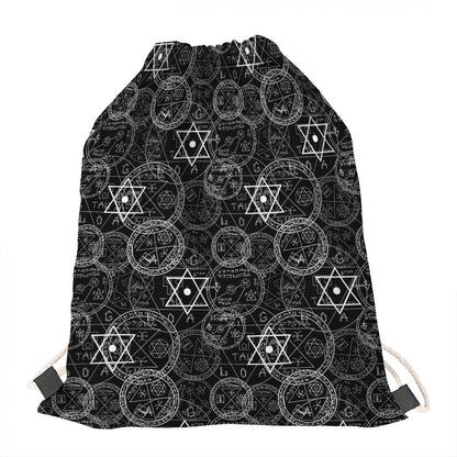 Black And White Mystic Witch Print Drawstring Bag
