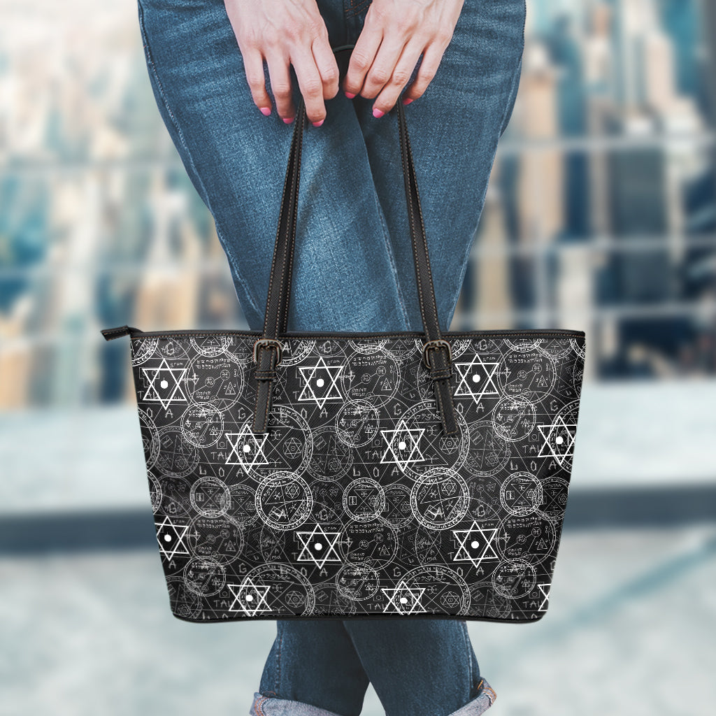 Black And White Mystic Witch Print Leather Tote Bag