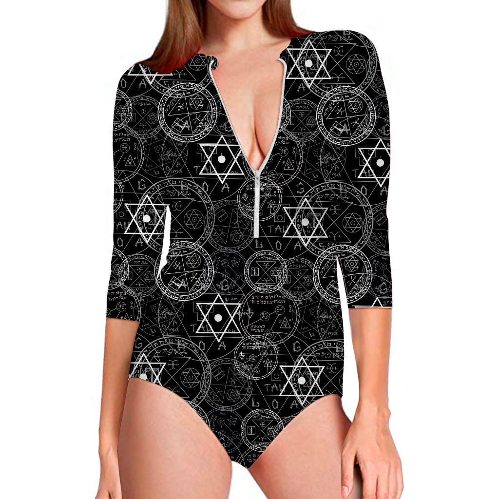 Black And White Mystic Witch Print Long Sleeve Swimsuit