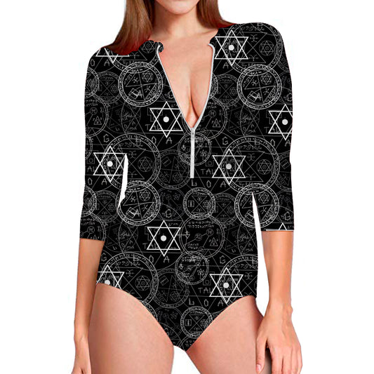 Black And White Mystic Witch Print Long Sleeve Swimsuit