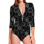 Black And White Mystic Witch Print Long Sleeve Swimsuit