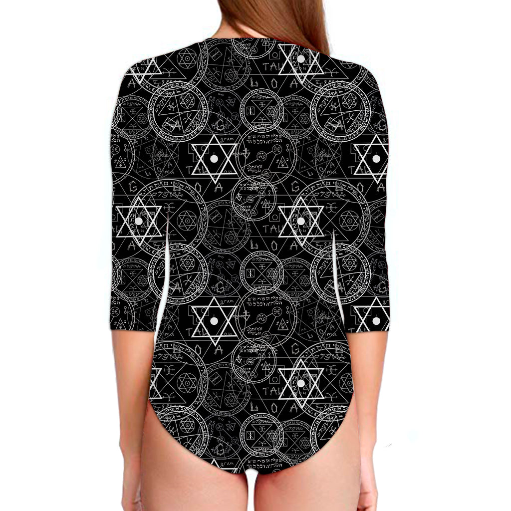 Black And White Mystic Witch Print Long Sleeve Swimsuit