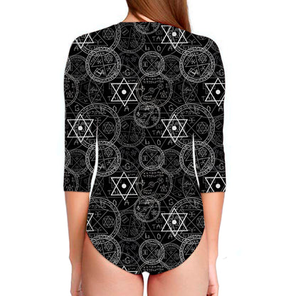 Black And White Mystic Witch Print Long Sleeve Swimsuit