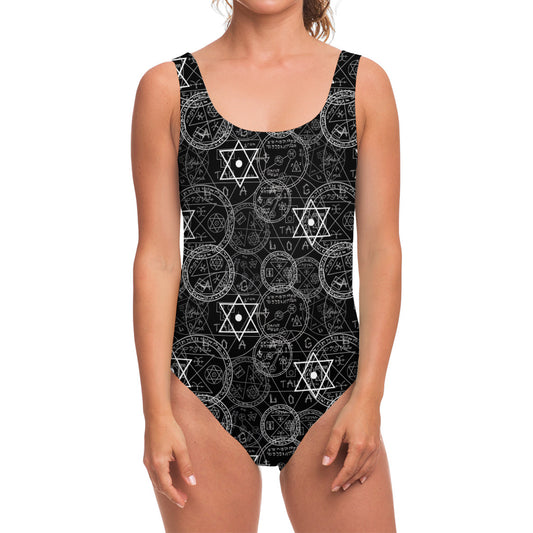 Black And White Mystic Witch Print One Piece Swimsuit
