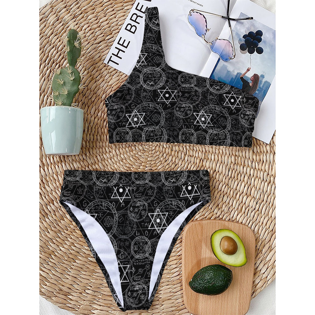 Black And White Mystic Witch Print One Shoulder Bikini Top