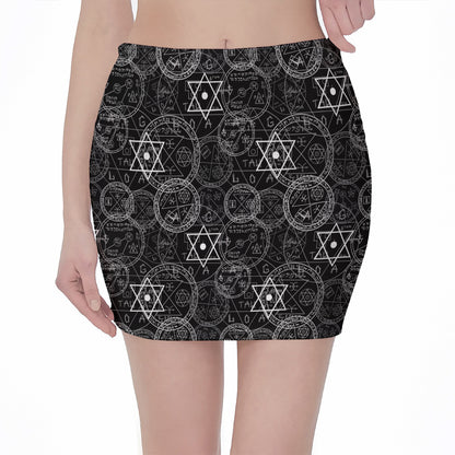 Black And White Mystic Witch Print Pencil Mini Skirt