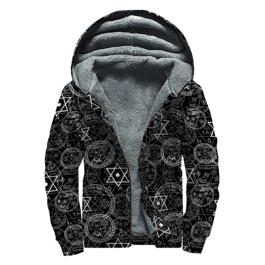 Black And White Mystic Witch Print Sherpa Lined Zip Up Hoodie