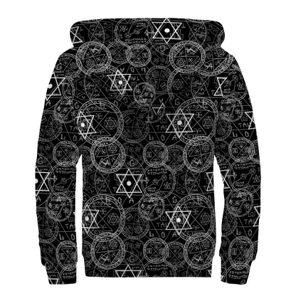 Black And White Mystic Witch Print Sherpa Lined Zip Up Hoodie