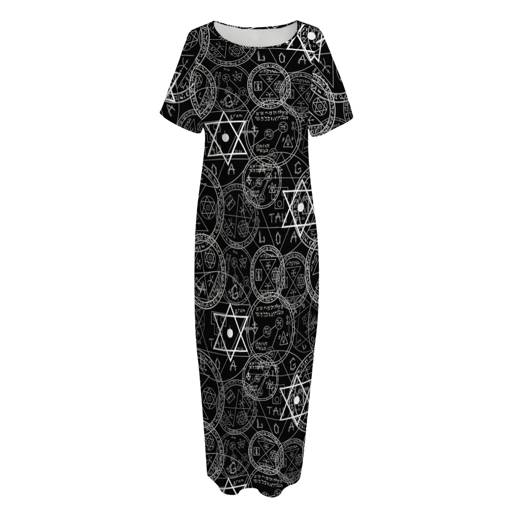 Black And White Mystic Witch Print Short Sleeve Long Nightdress