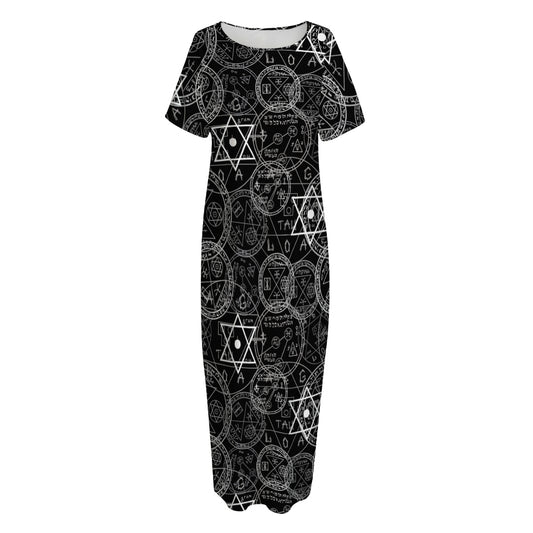 Black And White Mystic Witch Print Short Sleeve Long Nightdress