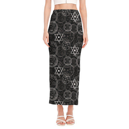 Black And White Mystic Witch Print Side Slit Maxi Skirt