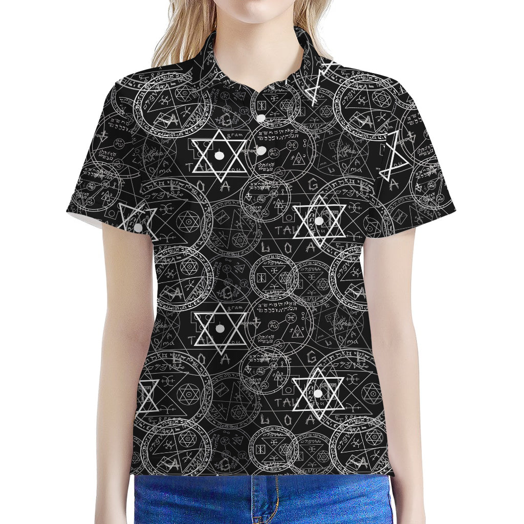 Black And White Mystic Witch Print Women's Polo Shirt