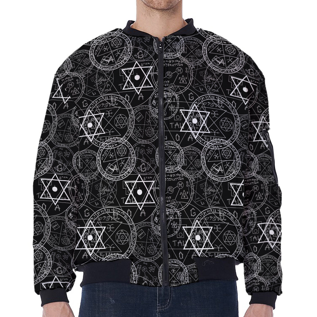 Black And White Mystic Witch Print Zip Sleeve Bomber Jacket