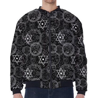 Black And White Mystic Witch Print Zip Sleeve Bomber Jacket